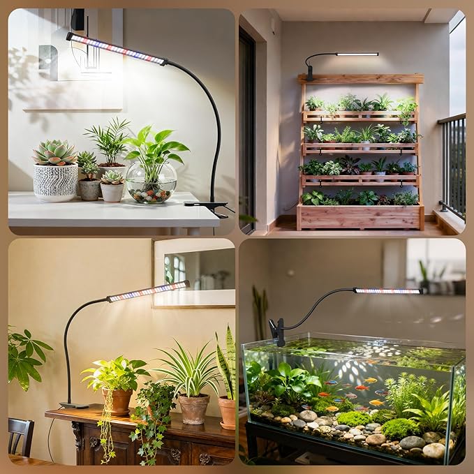 Grow Light for Indoor Plants, 5700K Full Spectrum Clip-On Plant Light with 60 LEDs, 5 Dimmable Levels, Auto On/Off 4/8/12/18H Timer, 360° Gooseneck for Seedlings & Succulents