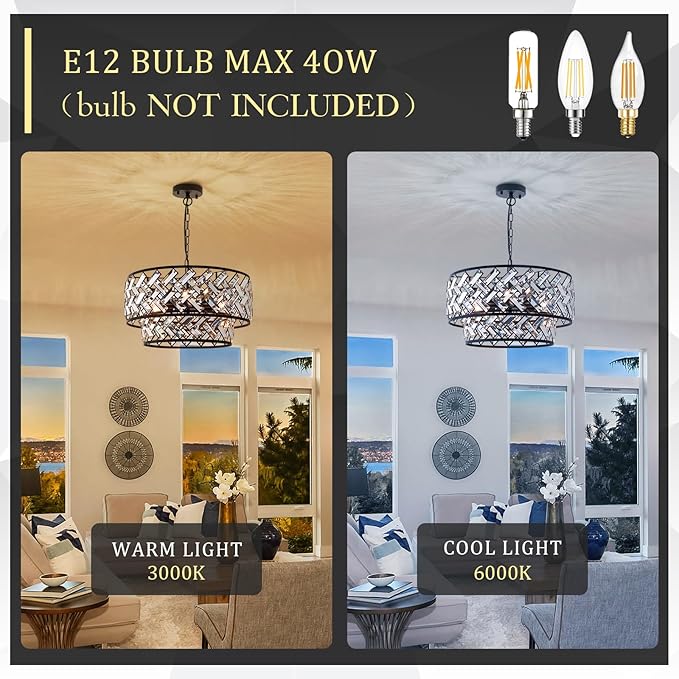 Black 6-Light Crystal Pendant Chandelier, Luxury Drum Semi Flush Mount Ceiling Light, 20'' Modern Ceiling Fixture for Dining Room, Living Room, Bedroom, Kitchen, Foyer