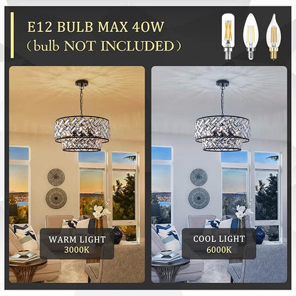 Black 6-Light Crystal Pendant Chandelier, Luxury Drum Semi Flush Mount Ceiling Light, 20'' Modern Ceiling Fixture for Dining Room, Living Room, Bedroom, Kitchen, Foyer