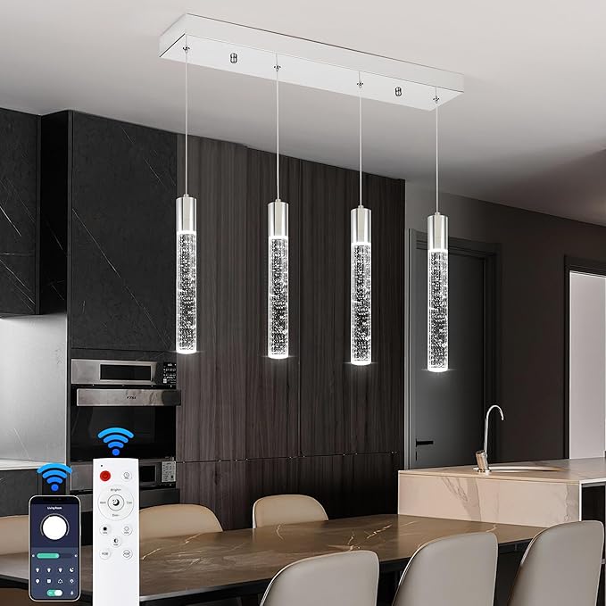 4 Light Pendant Lights Kitchen Island, Modern Chrome Crystal Pendants with Dimmable 3000K-6000K LED Ceiling Hanging Light Fixture for Dining Room Bedroom, Adjustable Height 59"