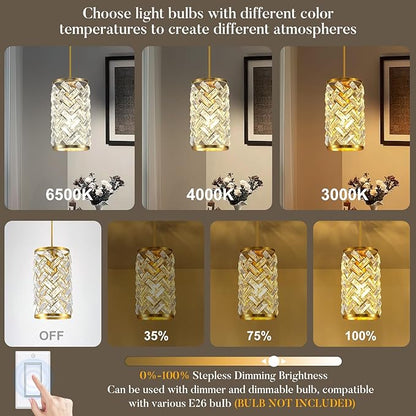 Gold Crystal Pendant Lights Kitchen Island, Modern Mini Chandelier, Adjustable Hanging Ceiling Light Fixture for Kitchen Dining Room Bedroom Foyer Bar (Gold, 1 Pack)