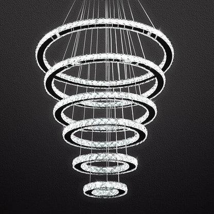 Siljoy Modern Crystal Chandelier Lighting, 6 Ring Chandelier LED Ceiling Lights Fixtures with 3-Color, High Ceiling Foyer Chandeliers for Living Room Dining Room Staircase, D8-12-16-20-24"-28"