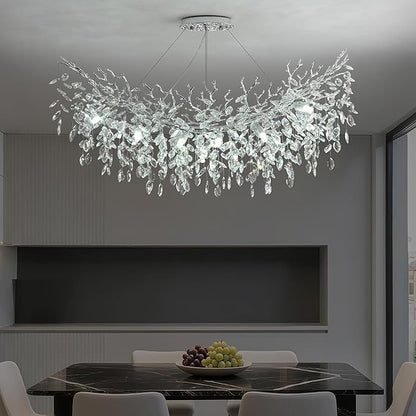 Rectangle Crystal Tree Branch Chandelier, L47.3'' Mpdern Luxury Chrome Linear Art Deco Raindrop Pendant Lighting Fixture for Kitchen Island Foyer Living Room Dining Room 14 Lights