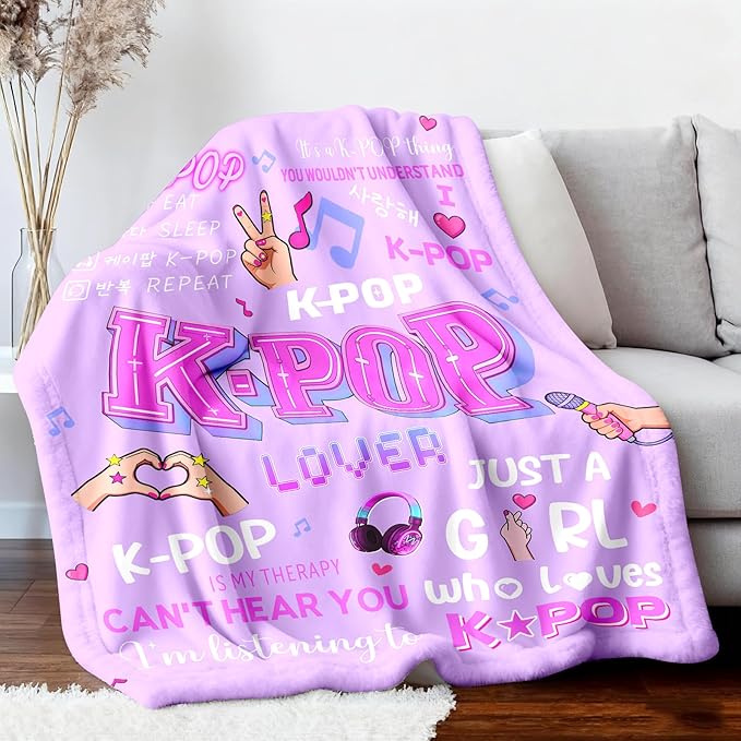 Kpop Gifts Blanket for Teen Girls - Music Gifts for Women Friends K-Pop Fans Lovers, Kpop Merch Stuff, Christmas Birthday Gifts for BFF Girls Women, Just A Girl Who Loves K-pop Blanket 80''x60''