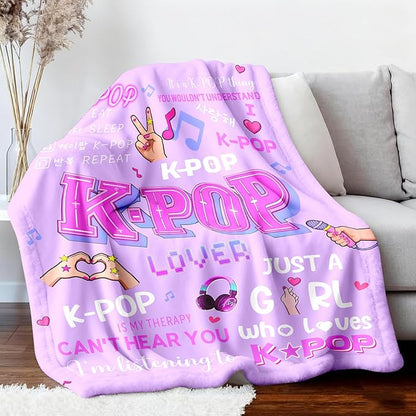 Kpop Gifts Blanket for Teen Girls - Music Gifts for Women Friends K-Pop Fans Lovers, Kpop Merch Stuff, Christmas Birthday Gifts for BFF Girls Women, Just A Girl Who Loves K-pop Blanket 80''x60''