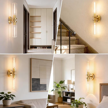 Wall Sconces 2-Pack, Hardwired Bathroom Light Fixtures, Modern Farmhouse Vanity Wall Lighting with Clear Glass Shades, E26 Base Wall Sconce Wall Lights for Bathroom Wall Decor, Gold