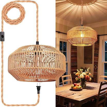 Maliralt Hanging Lamps Rattan Pendant Light Hanging Lights 16.4ft Plug in Cord Pendant Light Fixture Plug Into Wall Outlet Pendant Lighting with On Off Switch for Bedroom Living (Pumpkin Shade)