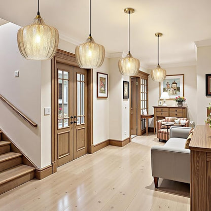 Modern Gold Pendant Light 2 Pack, Amber Glass Kitchen Island Pendant Light Fixture Adjustable Vintage Hanging Ceiling Light for Dining Room Corridor Bedroom 9.45 inch, UL Certification