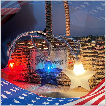LED Red White Blue Star String Lights Plug in, 8.5Ft 4th of July Decorations Lights with 10 LED Star Light, Hanging Patriotic Outdoor Lights for Independence Day Window Home Patio Party Garden Decor