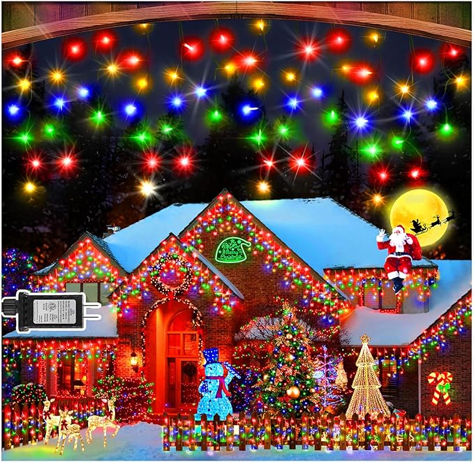KNONEW 33FT 400 LED Christmas Lights Outdoor Black Wire String Lights with 75 Drops, 8 Lighting Modes, Timer Memory Function Connectable Hanging Curtain Lights for Halloween Party Decor(Multicolor)