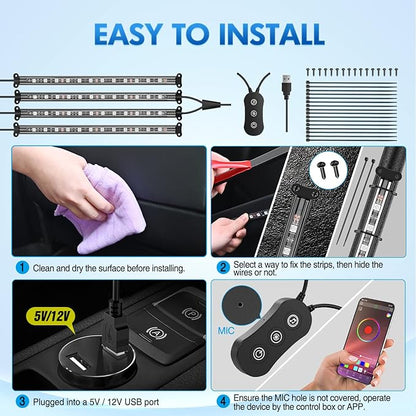 Nilight 4PCS USB Interior Car Lights 48 LEDs RGB LED Strips Lights with App Control Music Sound Active Mode Under Dash Footwell Ambient Lights 2 Line Design for Car Truck ATV UTV, 2 Years Warranty