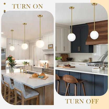 Bagood 6" Globe Pendant Light Gold 2 Pack Mid Century Pendant Light Globe Pendant Lights Kitchen Island Brushed Brass Finished with Milk Glass Adjustable Ceiling Light Fixtures for Dining Room Bar