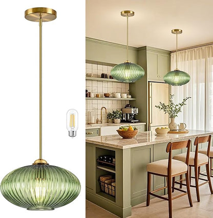 10" Green Glass Modern Pendant Light Kitchen Island Brushed Gold Mid Century Modern Pendant Lighting with Clear Green Glass Hanging Pendant Light for Dining Room（Bulb Incl.）