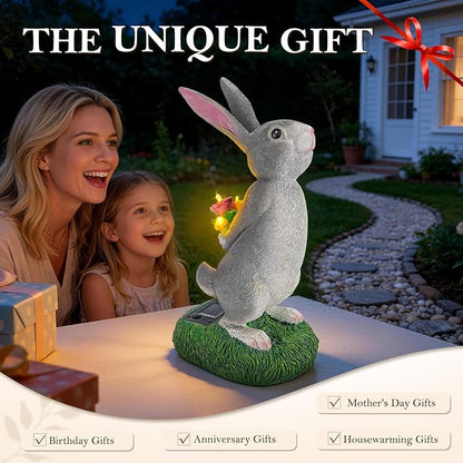 Solar Garden Rabbit Statue with LED Flowers, Grey Resin Hare Figurine Decor for Patio, Yard, Lawn Outdoor Ornament, Ideal Easter, Birthday Gifts for Women, Mother & Garden Lovers