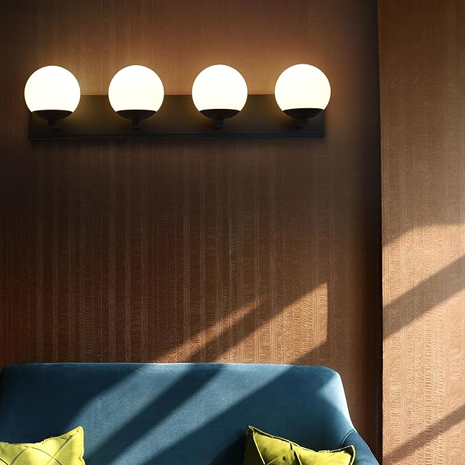 Black Bathroom Vanity Light Fixtures, 4-Light Globe Bathroom Lighting Fixtures Over Mirror, Modern Wall Lights for Living Room, Long Backplate, Standard E26 Base, Textured Black