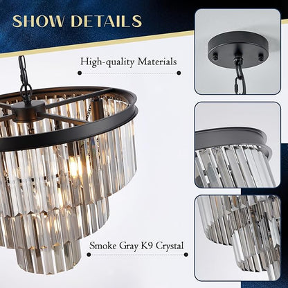 Smoke Gray Crystal Chandeliers Black Round 20" Chandelier Modern 3 Tiers 7-Light Ceiling Pendant Light Fixture Luxury K9 Crystal Lighting for Dining Room Bedroom Kitchen Foyer