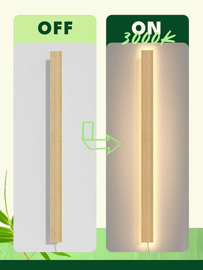 1 Pack Modern Plug in Long Wall Sconce 23.6‘’ LED Bamboo Wall Lights 18W Long Strip Indoor Wall Lamp 3000K with 6.5FT Plug in Cord and On/Off Switch on The Cord for Living Room Hallway Stairwell