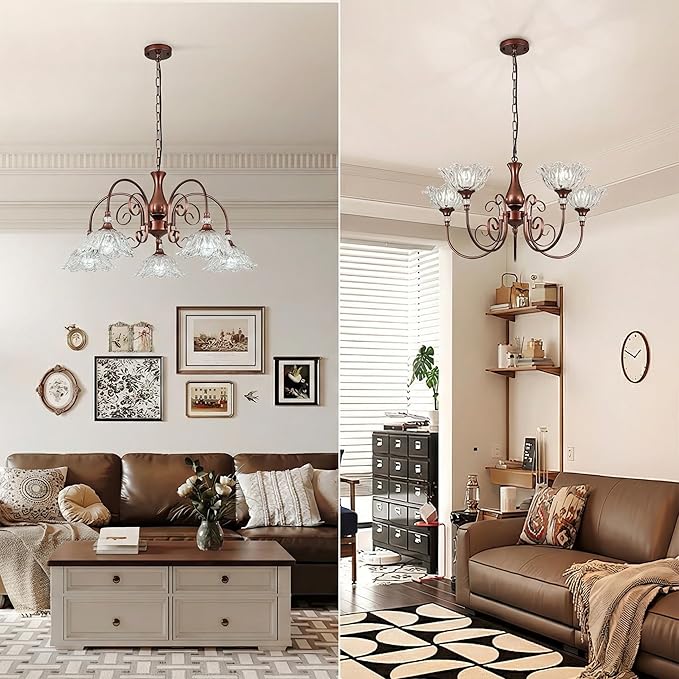 5-Light Vintage Chandeliers in Antique Red Bronze Finish with Crystal Glass Shades, Retro Chandelier Light for Dining Room, Hallway, Kitchen