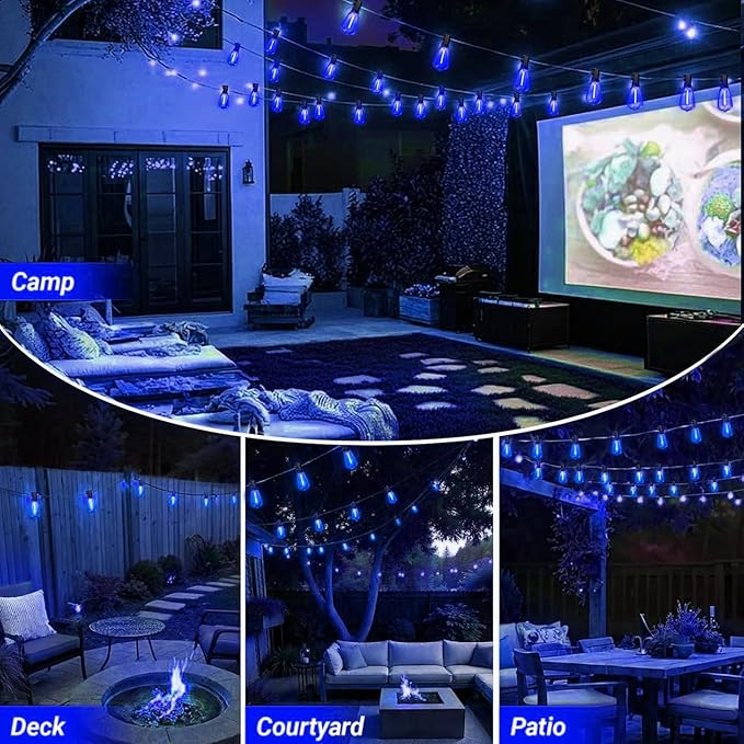 LAMPHOME 26Ft ST38 Outdoor String Lights, Blue Patio Lights with 12+1 ST38 Edison Bulbs, LED Shatterproof String Lights for Outside Bistro Christmas Patio Party Decorations
