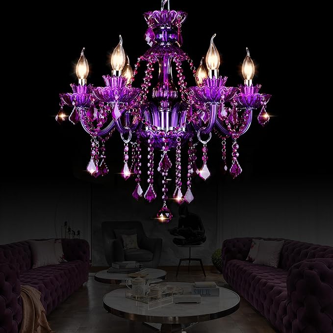 Bagood Purple 6 Lights K9 Crystal Candle Chandeliers Lighting Candle Chandelier Lighting Modern Pendant Lights Crystal Modern Chandelier for Dining Living Room Bedroom E12 Base, H22 x W23.6 Inch