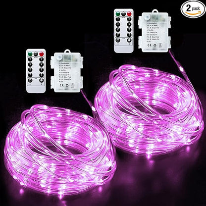 JMEXSUSS 2 Pack Pink String Lights Battery Operated Rope Lights Outdoor, 33ft 100 LED Battery Powered Christmas Lights with Remote, 8 Modes Pink Fairy Light for Garden Party Valentines Day Decorations