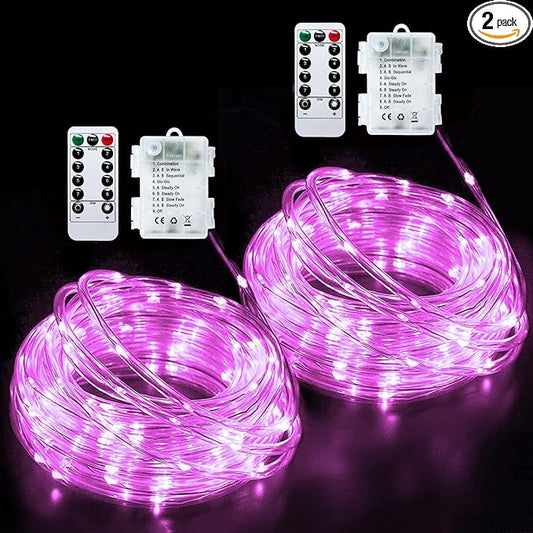 JMEXSUSS 2 Pack Pink String Lights Battery Operated Rope Lights Outdoor, 33ft 100 LED Battery Powered Christmas Lights with Remote, 8 Modes Pink Fairy Light for Garden Party Valentines Day Decorations