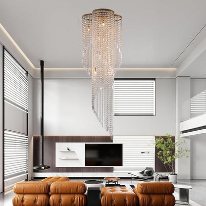 Large Spiral Crystal Beaded Strands Chandelier for High Ceiling, 9-Lights Luxury Gold Foyer Pendant Light, Modern Semi-Flush Mount Ceiling Light Fixture for Entryway Staircase, D21.7'' x H59''