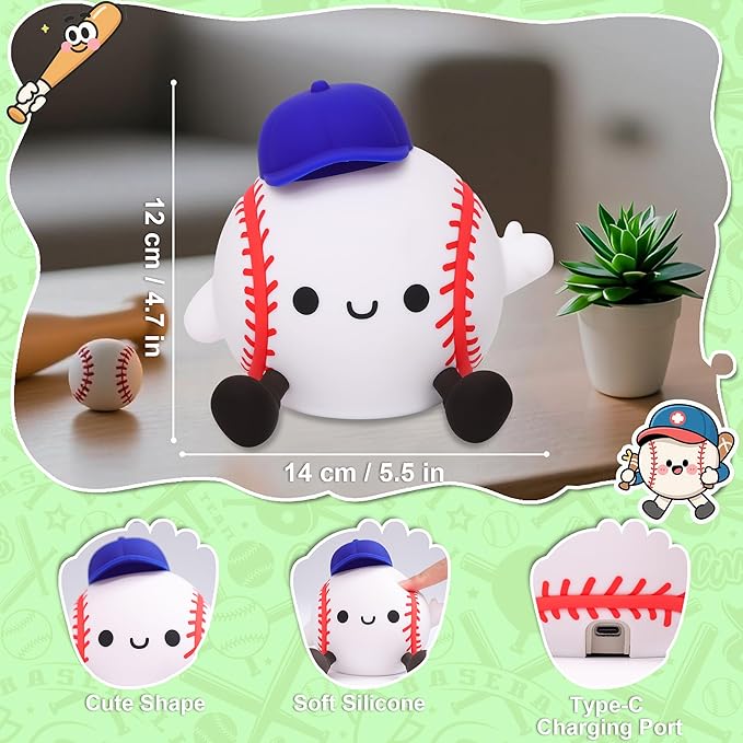 OkiyiD Baseball Night Light, Dimmable Silicone Touch Lamp with USB Rechargeable Soft Glow Bedside Lamp for Boys Bedroom Decor, Baseball Gifts for Boys Sport Fans Birthday Xmas