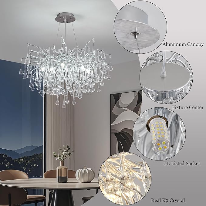 Modern Crystal Raindrop Chandelier, Silver Round Art Deco Tree Branch Lighting Fixture for Dining Room Living Room Foyer 8 Lights D23.7''