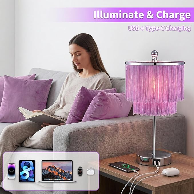 Lovlast Girls Table Lamp with Tassel Lampshade, 3 Way Dimmable Touch Bedside Purple Lamp with USB C + A Ports, Lavender Nightstand Lamp for Girls Bedroom, Living Room, Office, LED Bulb Included