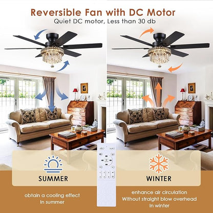 Asyko Chandelier Ceiling Fan -52" Crystal Ceiling Fan- Fandelier Fan Light Black with Remote, Reversible Motor, Dual-Sided 6 Blades, 3 Speed, Timer, Indoor Outdoor Fans, Living Room, Dining Room