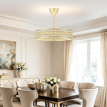 Gold Chandelier Light Fixture, 6-Light Champagne French Rococo Crystal Fandelier Ceiling Fan with Light, Coquette Decorative Bladeless Enclosed Caged Pendant for Dining Room, Bedroom, Living Room