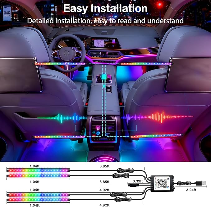 RGB-IC Car LED USB Interior Strip Lights with Remote Control, Dream Color Car Ambient Lighting APP Control, Multicolor Footwell Under Dash Chasing Inside Light Kits for Cars ATV Truck, DC5V