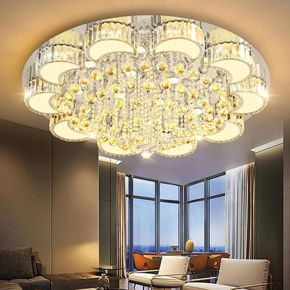 39.4" Silver Modern Crystal Chandeliers for Dining Room LED Dimmable Light Fixtures Flush Mount Light Living Room Bedrooms