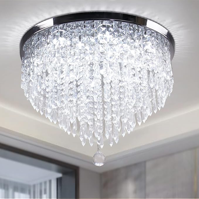 19.7" Modern Crystal Chandeliers LED 5 Tier Crystal Ceiling Light Fixture Flush Mount Round Ceiling Chandeliers for Dining Room Bedroom, 6500 K Cool White
