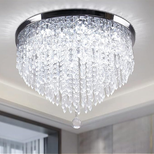 19.7" Modern Crystal Chandeliers LED 5 Tier Crystal Ceiling Light Fixture Flush Mount Round Ceiling Chandeliers for Dining Room Bedroom, 6500 K Cool White