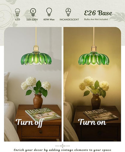 FEMILA 10.4" Gold Pendant Light, Vintage Pendant Lighting with Flower Green Glass, Pendant Light for Kitchen Island Bedroom Hotel Living Room, 4FJX82MIL BG-G