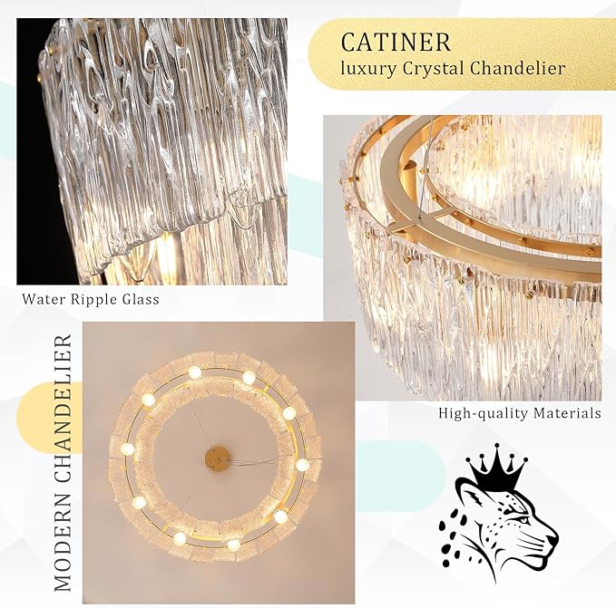 CATINER Gold Chandeliers 24”Modern Crystal Glass Round Chandelier 10-Light Drum Pendant Ceiling Light Fixtures Luxury 2 Tiers Hanging Chandelier for Dining Room Foyer Living Room Bedroom