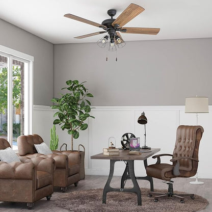 Prominence Home Lincoln Woods, 52 Inch Industrial Style LED Ceiling Fan with Light, Remote Control, Three Mounting Options, 5 Dual Finish Blades, Reversible Motor - 50745-01 (Bronze)