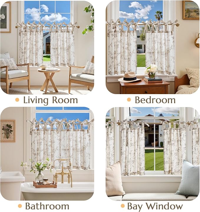 jinchan Floral Kitchen Curtains 24 Inch Linen Tier Curtains Farmhouse Cafe Half Window Drapes Over Sink Light Filtering Taupe on Beige for Living Room Laundry Tie Top 2 Panels