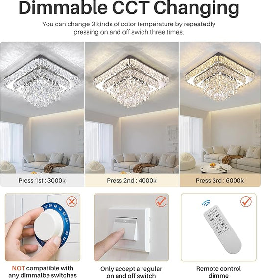 Miuyhji Elegant LED Crystal Raindrop Ceiling Light,18in Square Flush Mount Chandelier with Remote for Living Room Kitchen Island Bedroom Hallway Entryway Foyer (Dimmable)