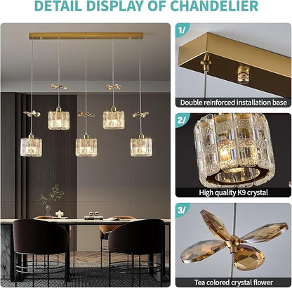 BADUO Island Lights for Kitchen, 5-Light Kitchen Island Lighting with Adjustable Rods, Luxury Gold Crystal Pendant Lighting Hanging, Modern Linear Chandelier for Dinning Room Light Fixture