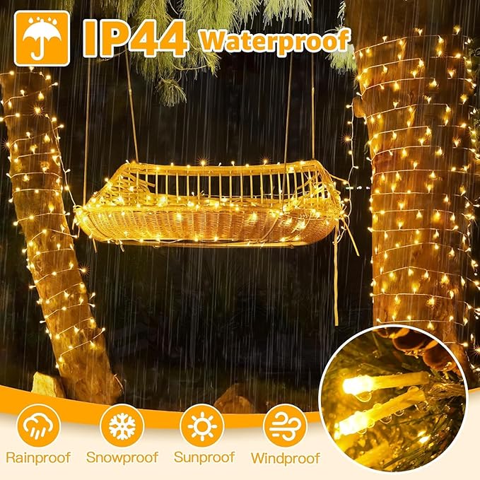 Ollny 120LED 40FT String Lights, Waterproof Connectable Fairy Lights with Timer 8 Modes, Warm White Plug in Indoor Light for Bedroom Classroom Outdoor Wedding Christmas Party Decorations