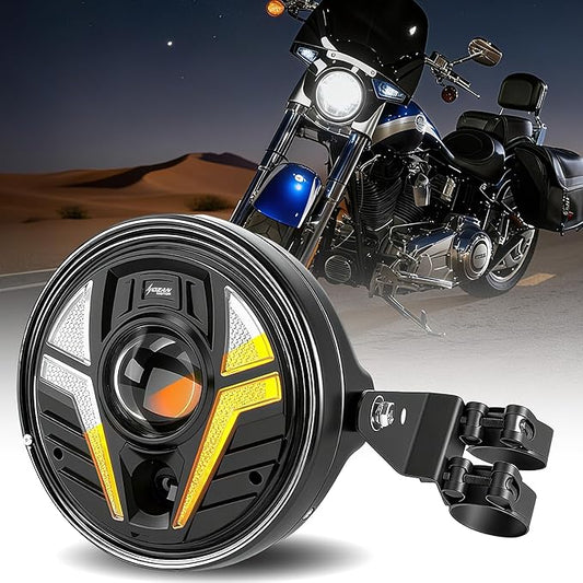 7'' LED Motorcycle Headlight Conversion Kit with Housing Bucket - Laser Projector High Beam (2600ft), White/Amber DRL, Fork Mount Brackets (34-42mm) - Universal for Cafe Racer Bobber Sportster