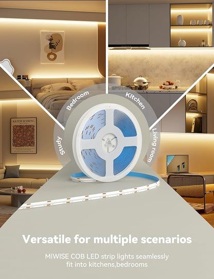MIWISE COB LED Strip,LED Strip Light 2700K Warm White 20ft Dimmable Super Bright 24V,High Density Flexible Tape Light with RF Remote Timer Function,for Shelf/Cabinet/Bedroom/TV DIY Lighting Project