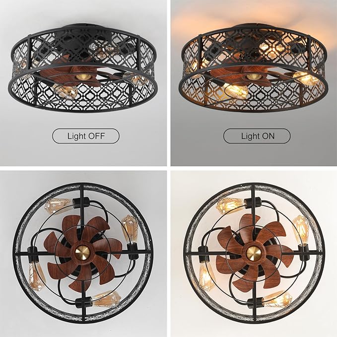 20" Caged Ceiling Fans with Lights Flush Mount Ceiling Fan with Remote,Small Black Low Profile Bladeless Ceiling Fan Light Fixture for Bedroom, Kitchen, Dining Room 4 bulbs Included,6 Speeds
