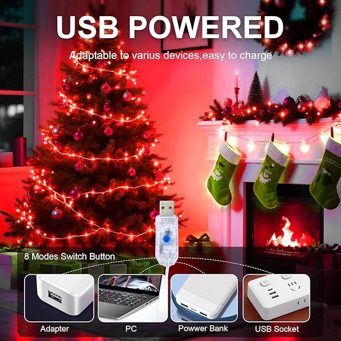1Pack USB Plug in Fairy String Lights,16ft 50 LED Copper with Remote and Timer, 8 Modes Waterproof Twinkle String Lights Battery Powered for Bedroom Indoor Party Wedding Christmas Decoration (Red)