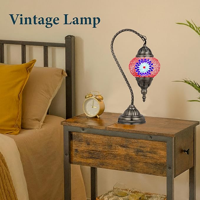 Marrakech Vintage Lamp Turkish Mosaic Lamps with Tiffany Style, Handmade Moroccan Table Lamps with Swan Neck Bronze Base Including LED Bulb for Living Room Bedroom Decor (Red)