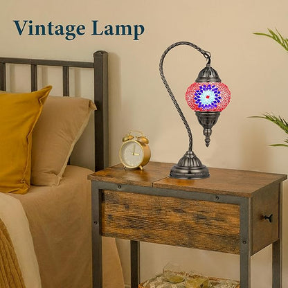 Marrakech Vintage Lamp Turkish Mosaic Lamps with Tiffany Style, Handmade Moroccan Table Lamps with Swan Neck Bronze Base Including LED Bulb for Living Room Bedroom Decor (Red)