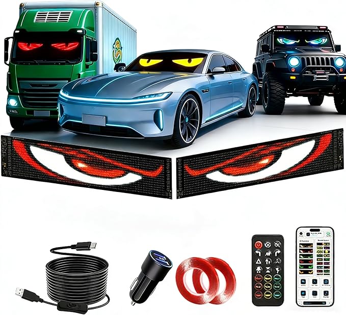 LED Devil Eye Lights for Windshield, LEDs Flexible APP Control Programmable LED Sign for Car Truck Motorcycle RV Window, Custom Animated Eyes Matrix Panel with Remote